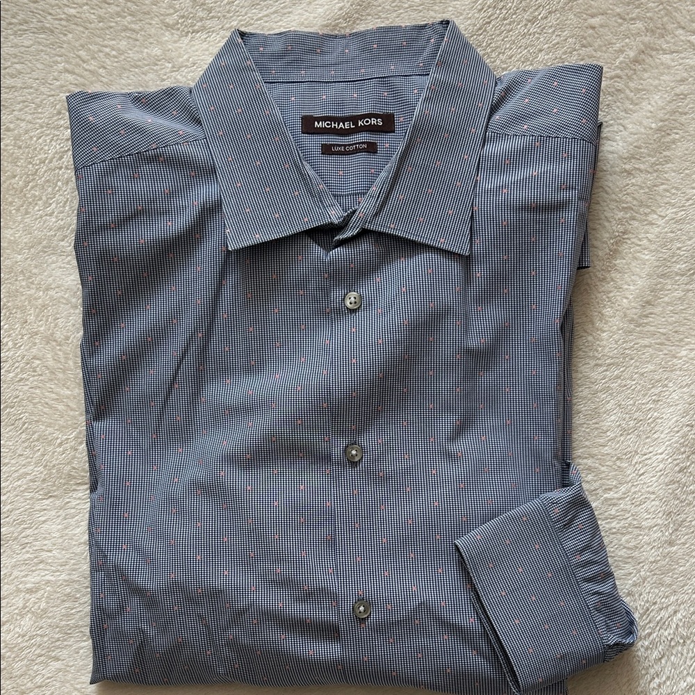 Michael Kors Men's Striped Blue and Pink Dress Shirt